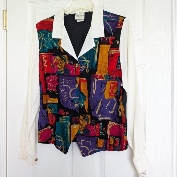 Vintage Bentley Abstract Print Long Sleeve Blouse with Faux Vest NWT Women’s L - Picture 1 of 10